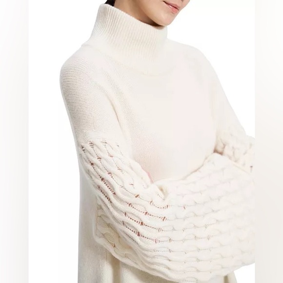 NWT Theory Cream Cable-Sleeve 100% Cashmere Pullover Sweater Size Large Petite - Picture 2 of 15